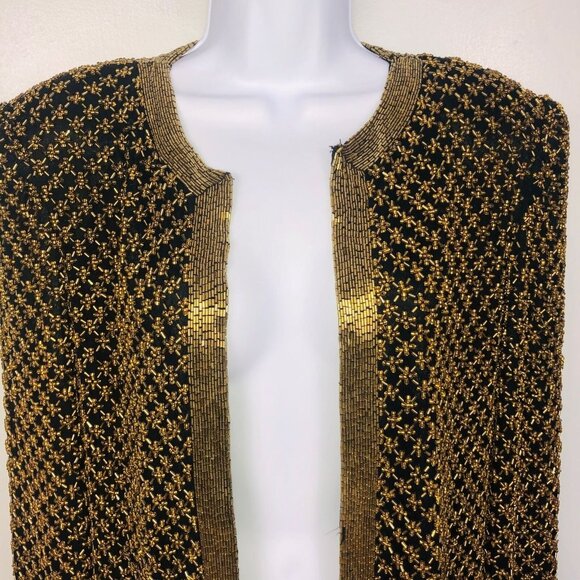 Vintage 90s Womens S Jacket Black Gold Open Front Beaded Silk Heavy - Picture 2 of 9